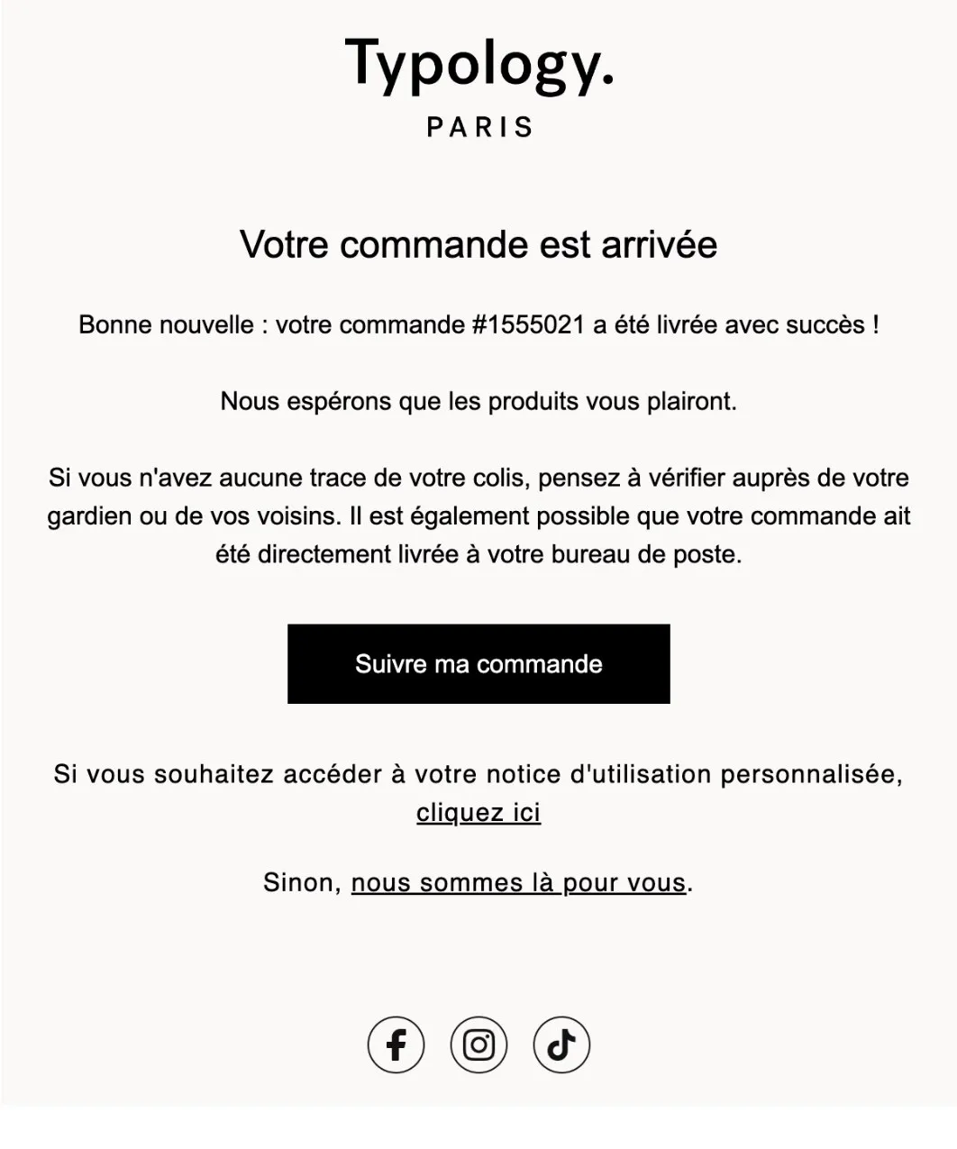 Email de notification de commande livrée de Typology