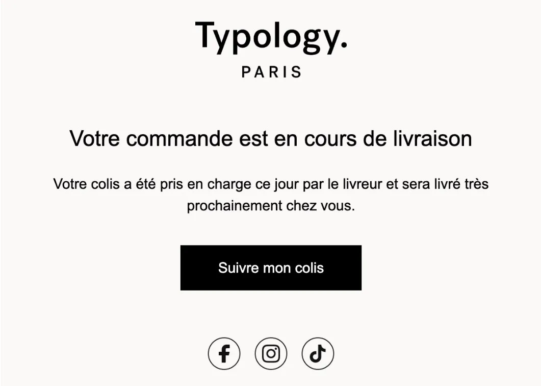 Email de notification de commande en cours de livraison de Typology