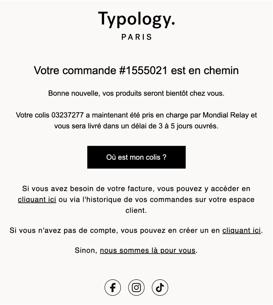 Email de confirmation d’expédition de Typology