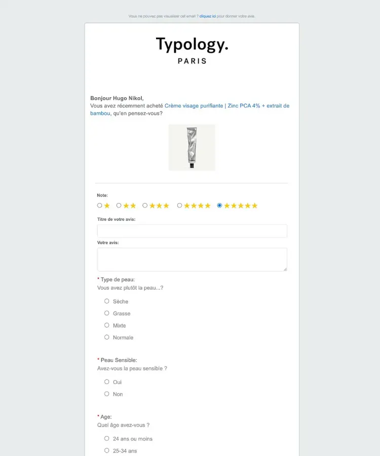 Email de demande d’avis de Typology envoyé via Yotpo