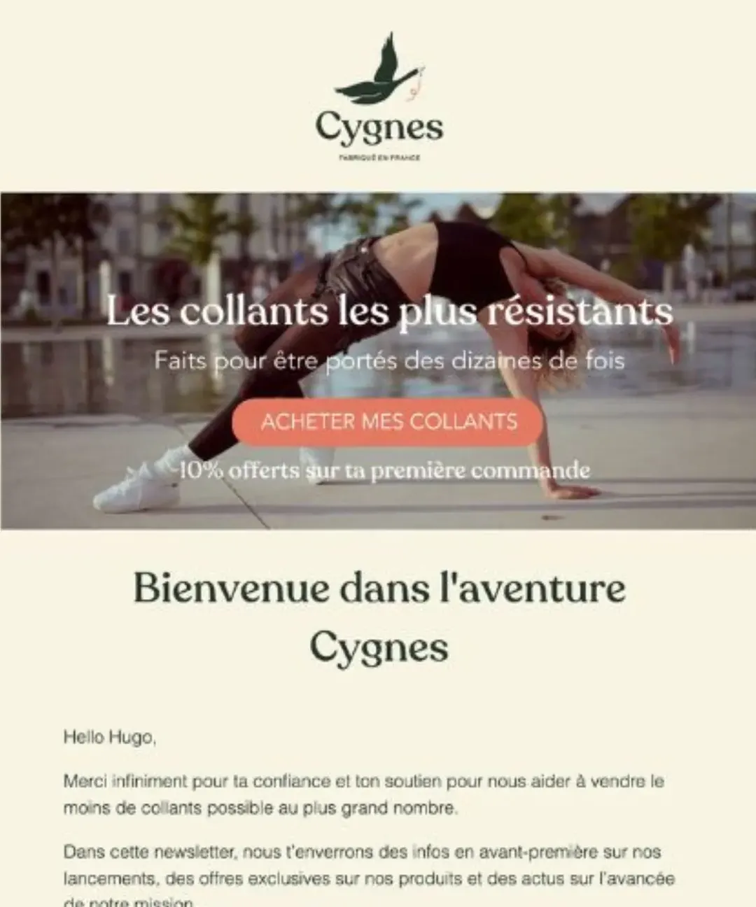 Email de bienvenue Klaviyo de la marque Cygnes