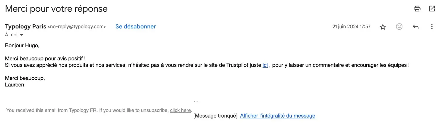 Email de remerciement post-NPS de Typology, en texte brut