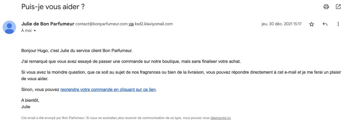 Email de relance panier en texte brut de la marque Bon Parfumeur, envoyé depuis Klaviyo