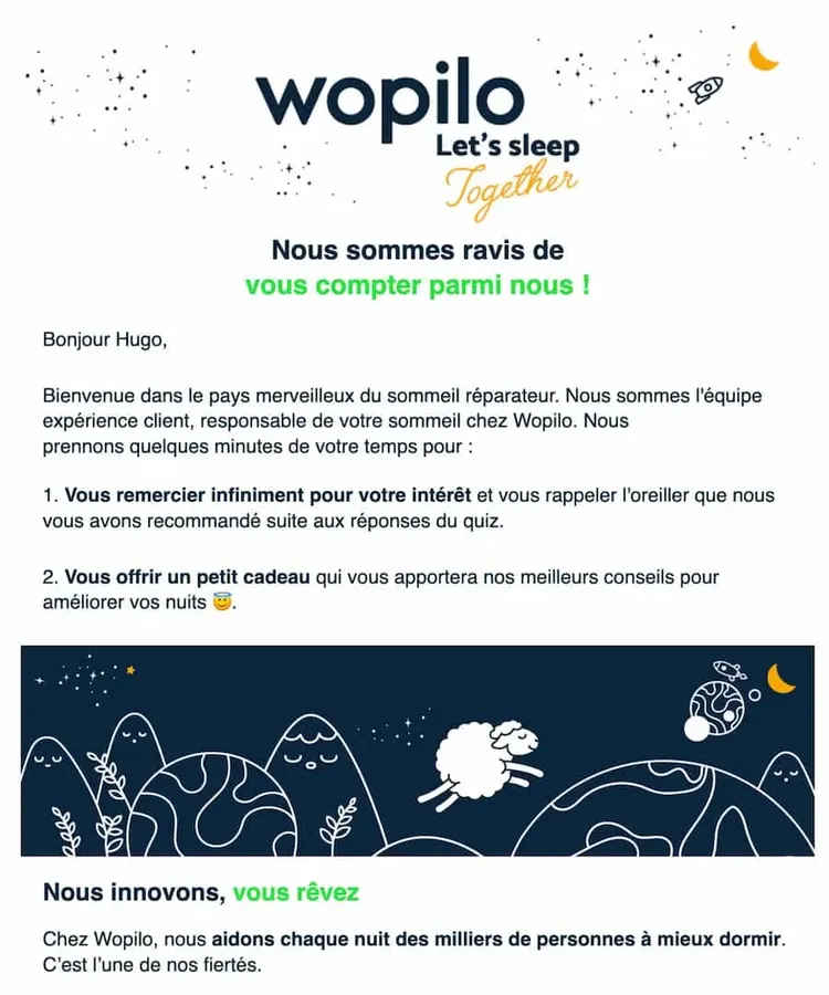 Email de bienvenue de la marque Wopilo envoyé après le quiz oreiller