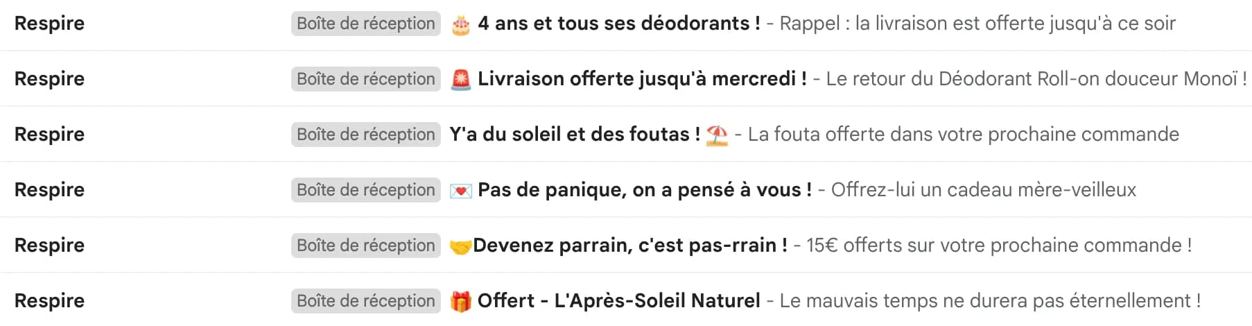 Objets d’emails de la marque Respire avec des emojis, vus dans une boîte de réception