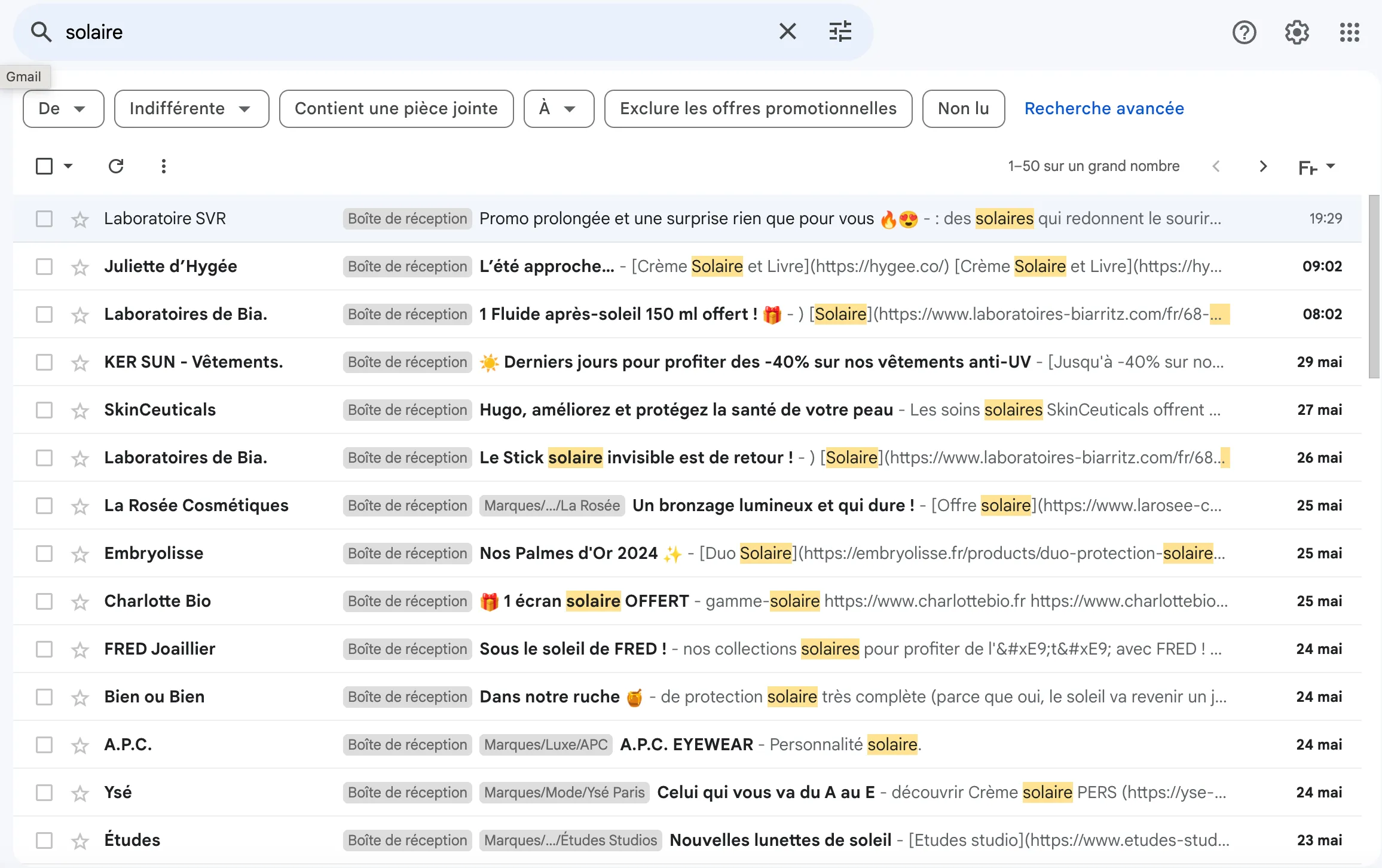 Résultats d’une recherche « solaire » dans ma boîte mail de veille : une quinzaine de newsletters de marques reçues en sept jours