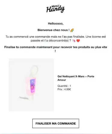 Email de relance panier de la marque Merci Handy