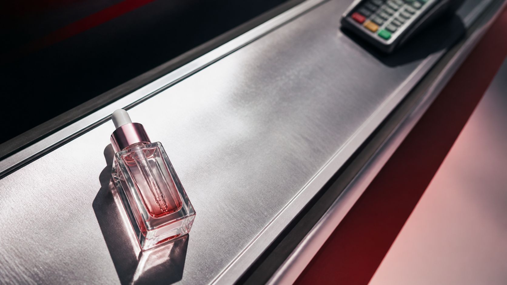 Produit cosmétique laissé seul sur un tapis de caisse, lumière flash