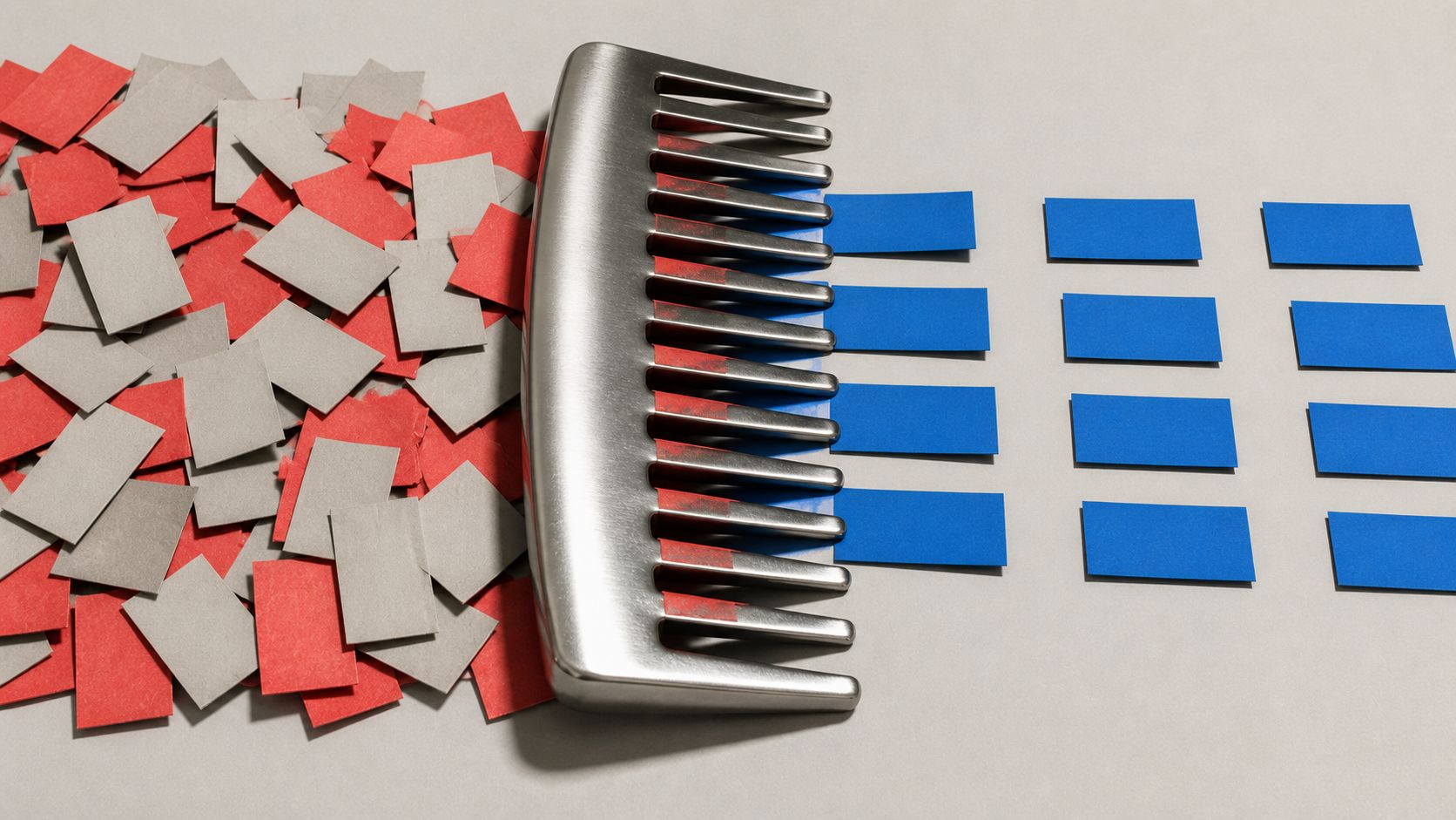 Un peigne métallique filtre des fiches désordonnées pour conserver une liste bleue alignée.